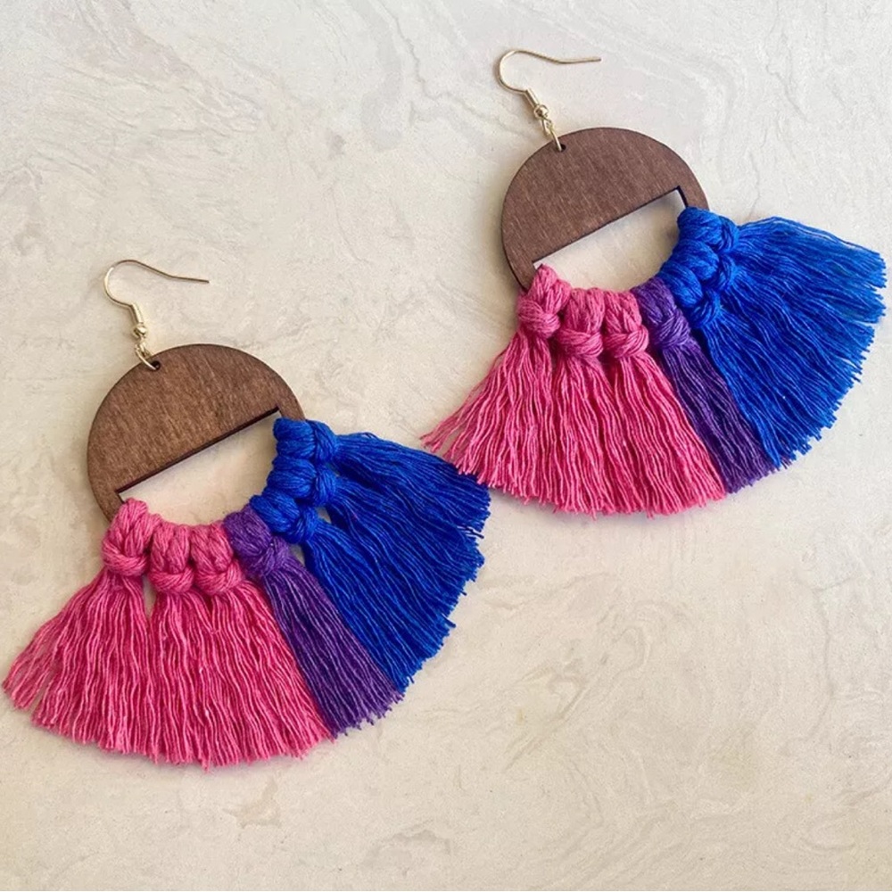 “ Jubilee” Colorful  Fringe” Boho Wooden Earrings